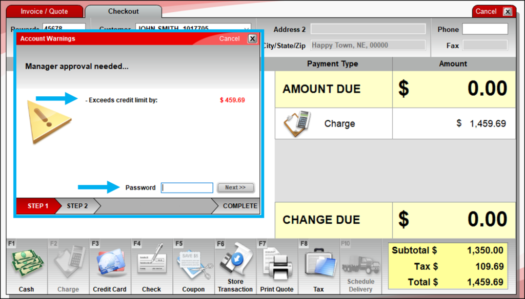 Manager override credentials window in Invoice Quote for
