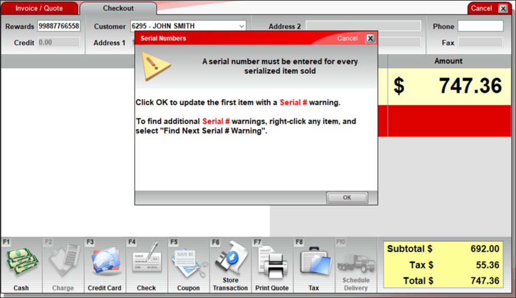 Serial Numbers window/Serial # warning message