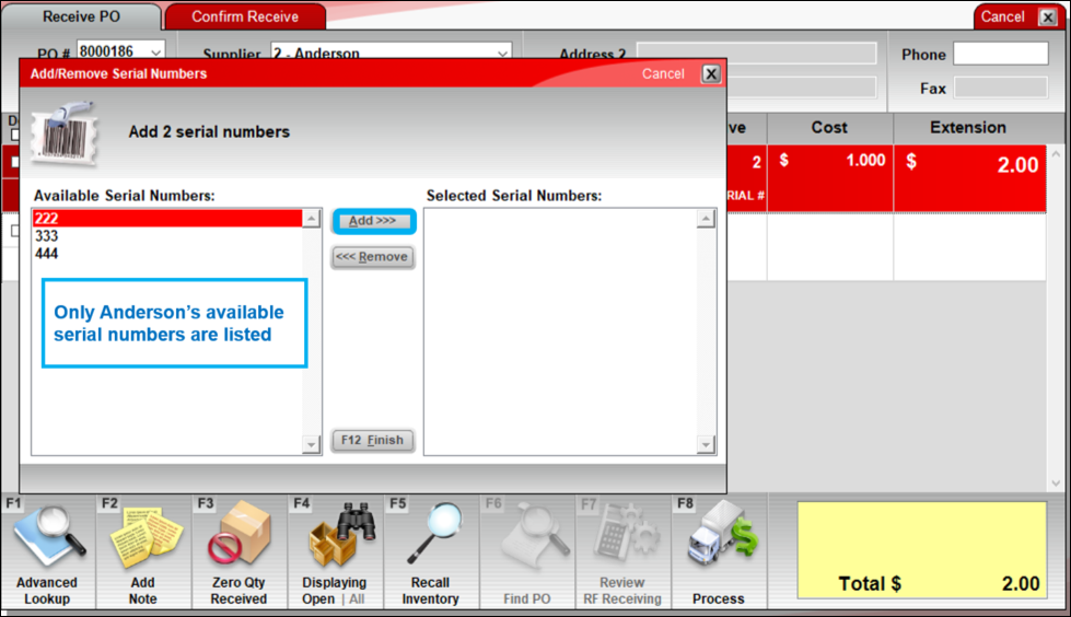 Add/Remove Serial Numbers window/Available Serial Numbers