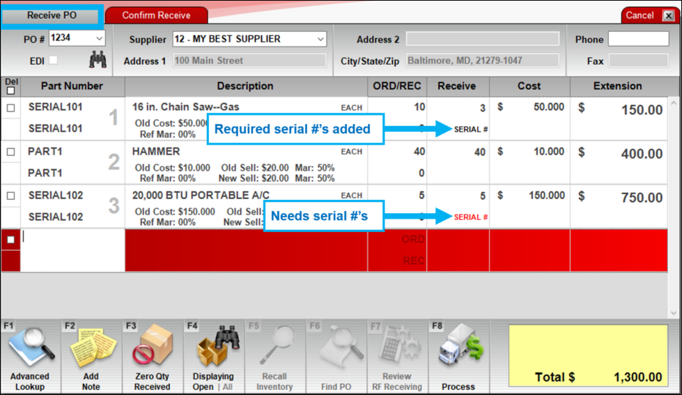 Serial # label turns from red to black when added or needed