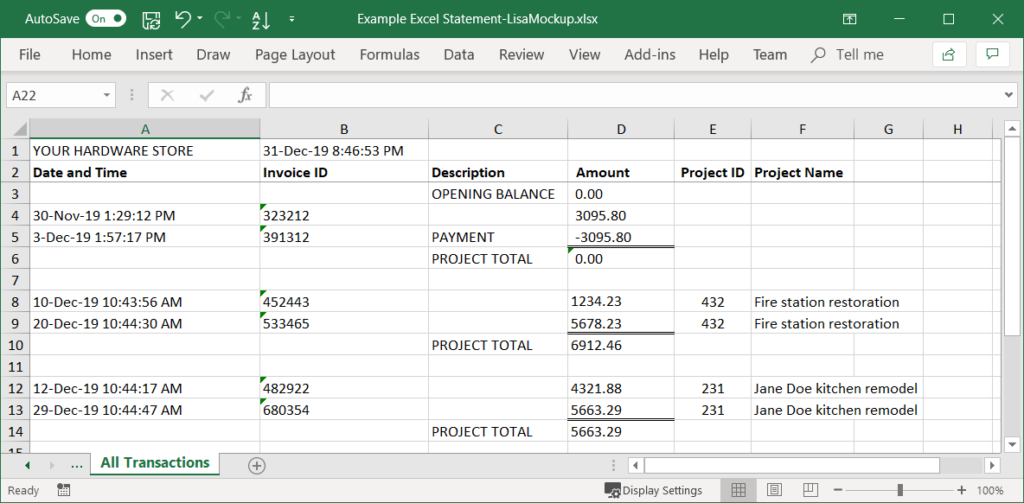 Excel statement, All Transactions tab