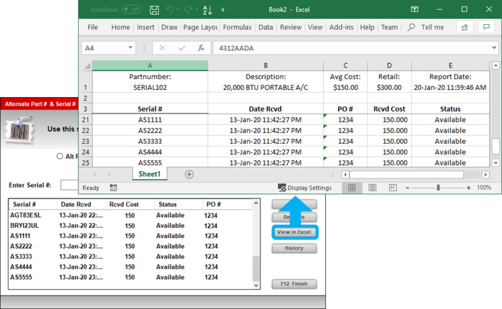 View serial numbers in Excel