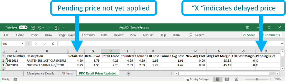 Excel EDI Report Showing Pending Price screenshot