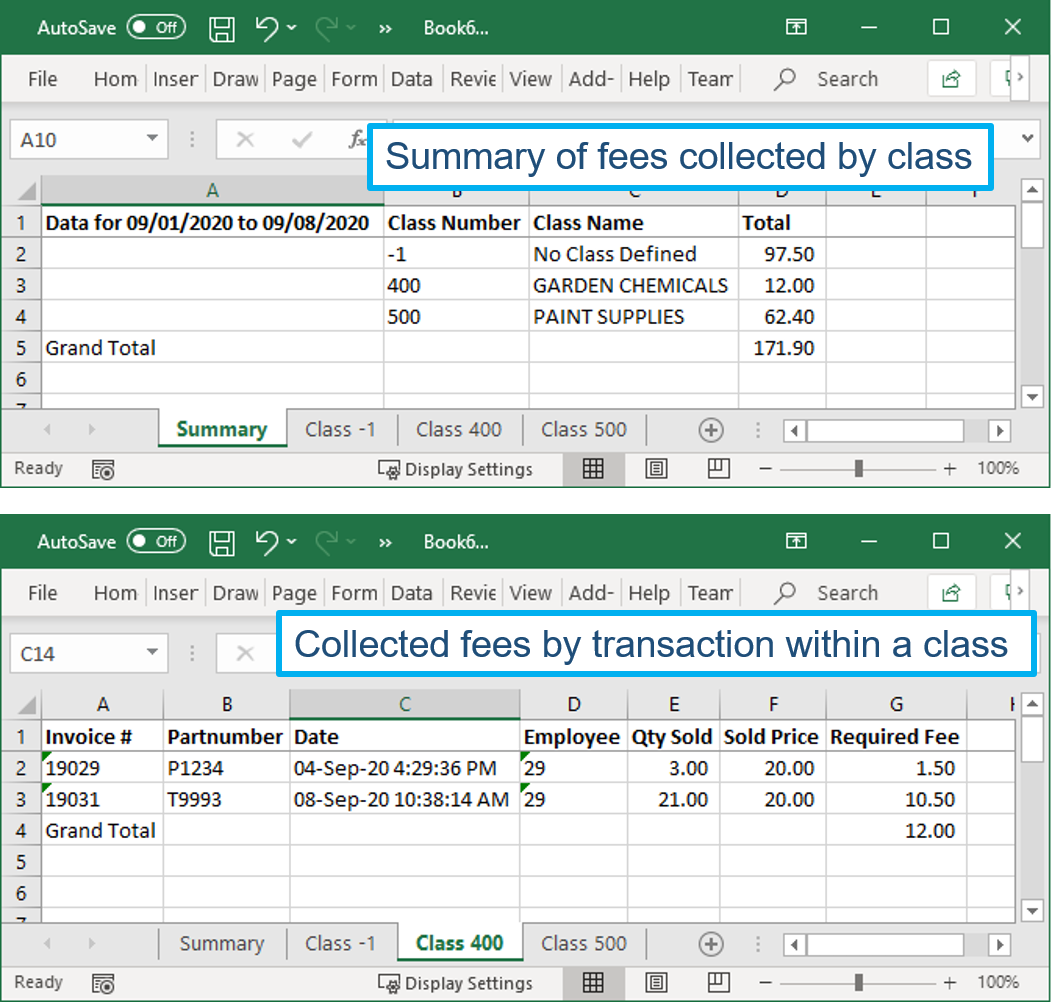 Excel report that itemizes required item fees by class