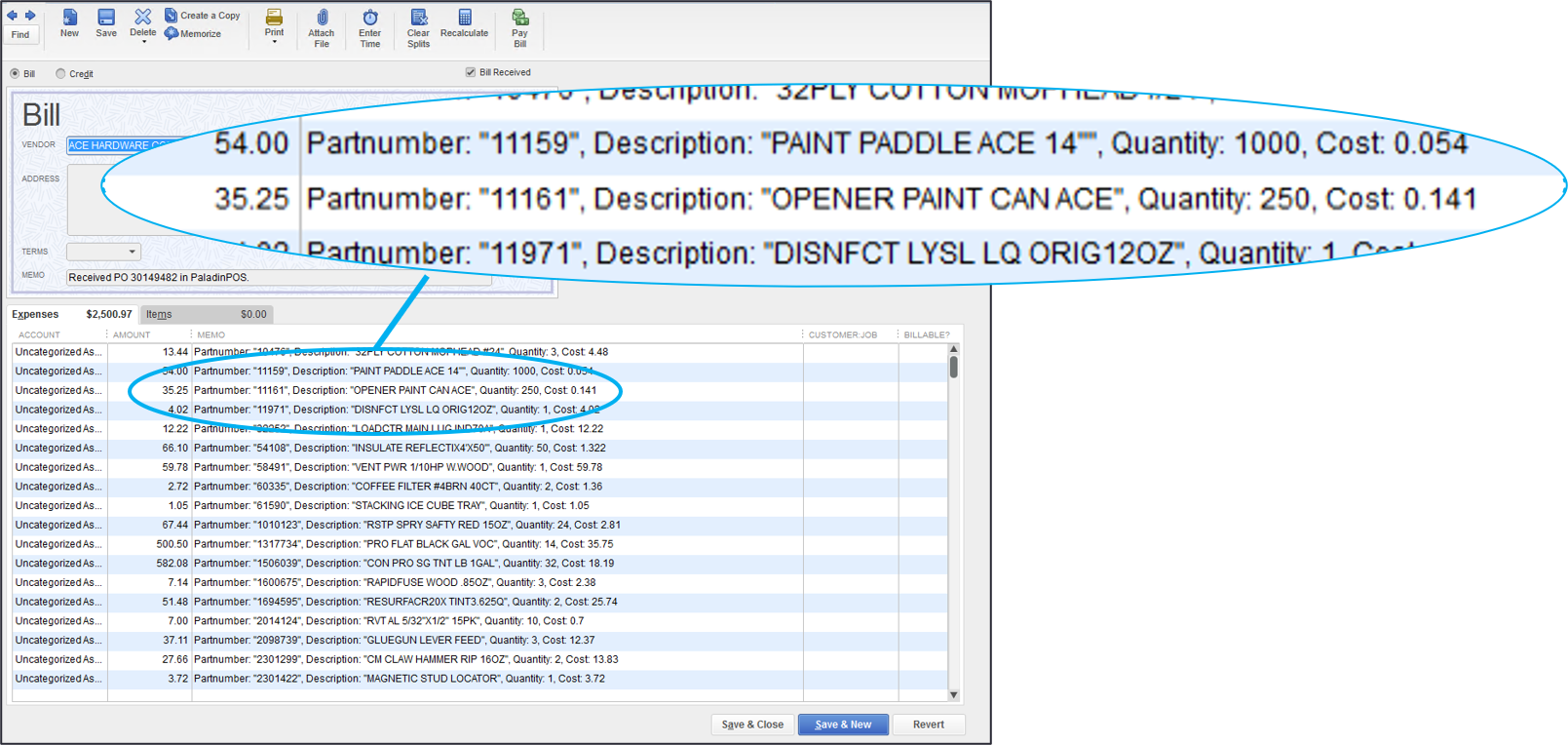 QuickBooks bill showing itemized order items