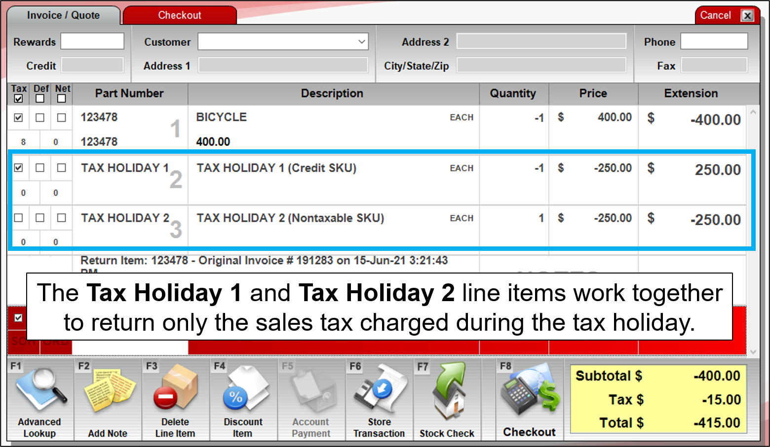 Tax Holiday line items will adjust the tax for the tax holiday