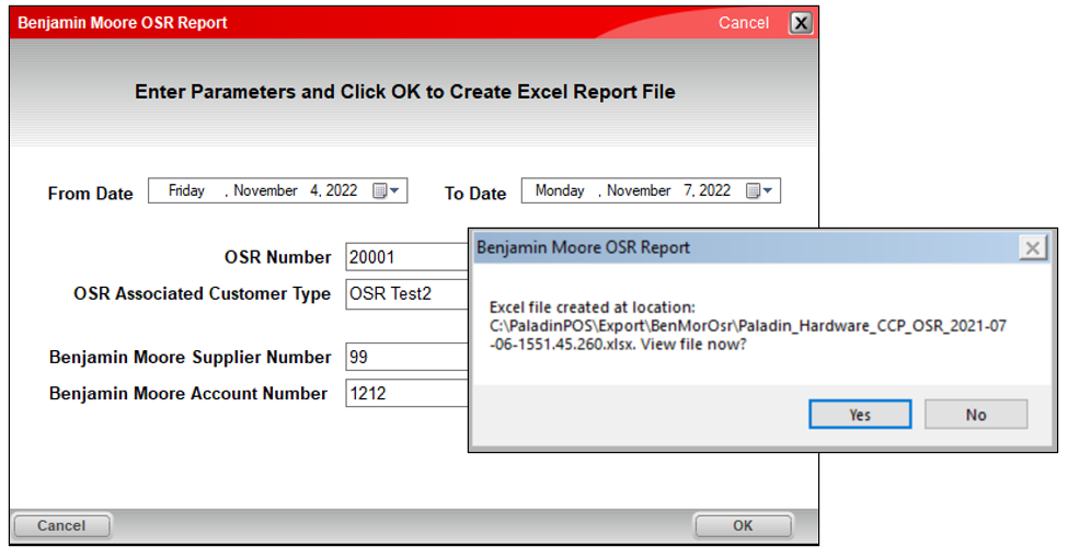 Benjamin Moore OSR Report window/Excel file location