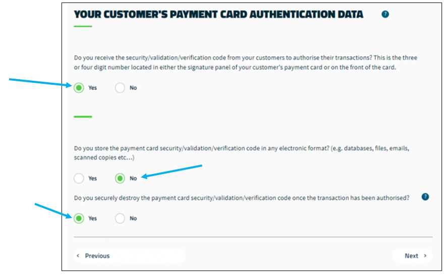 Your Customer's Payment Card Authentication Data window