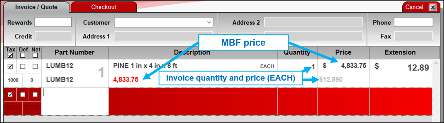 Sale price based on MBF, MSF, or Ton on a customer’s invoice