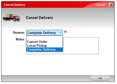 Cancel Delivery window/Complete Delivery option