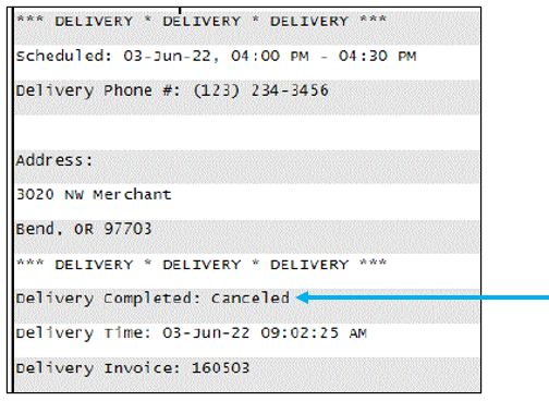 Delivery cancelled shown on receipt