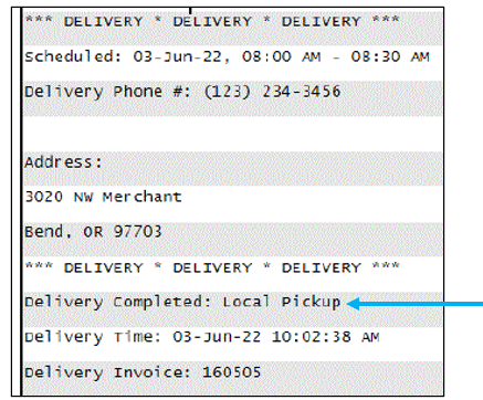 Delivery is for Local Pickup shown on receipt
