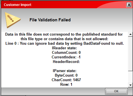 Customer Import window/File Validation Failed message