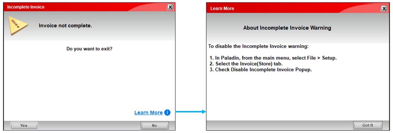 Incomplete Invoice and Learn More message windows