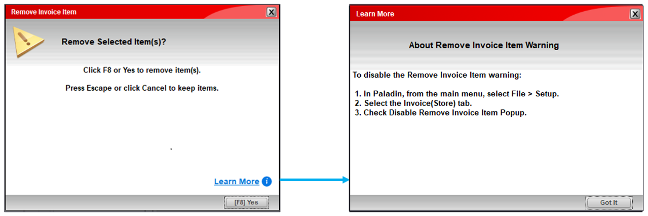 Remove Invoice Item and Learn More message windows