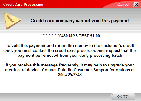 Credit Card Processing window/Voiding Credit card payment alert