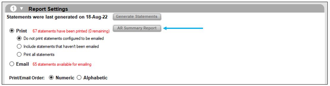 Report Settings pane/AR Summary Report button