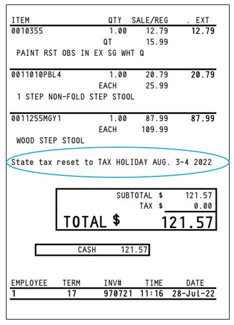 Tax Holiday show on receipt