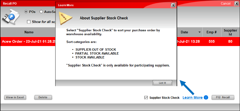 Learn More window/About Supplier Stock Check