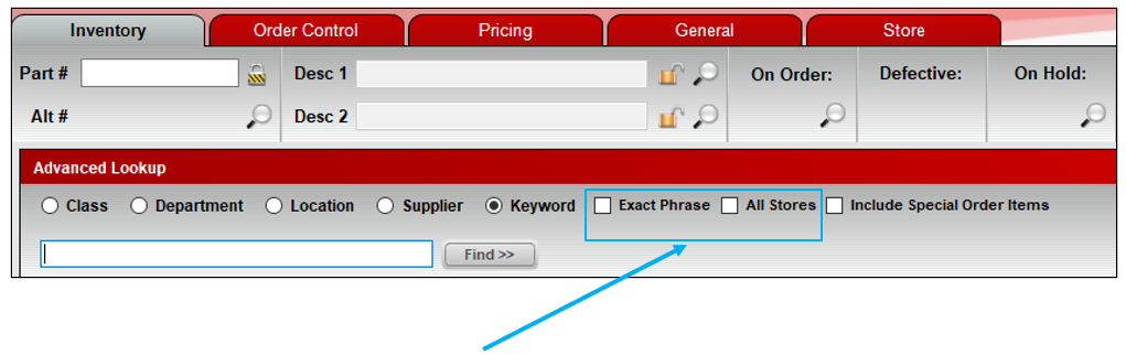 Exact Phrase and All  Stores checkboxes