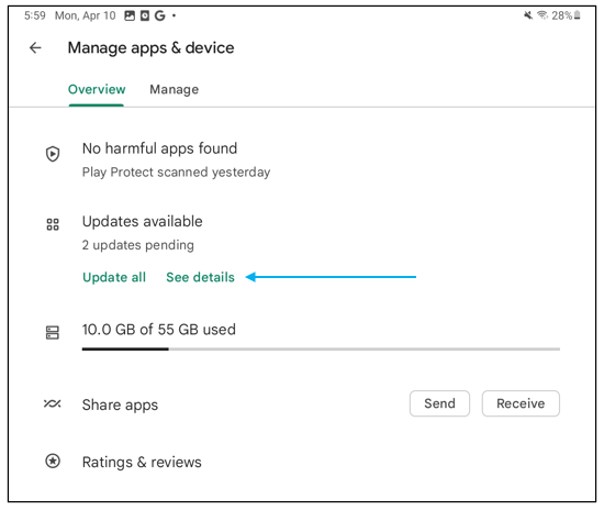 Manage apps & device window/Updates available/See details
