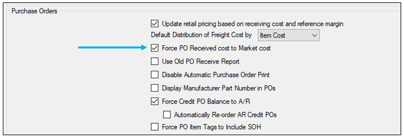 Force PO Received cost to Market cost